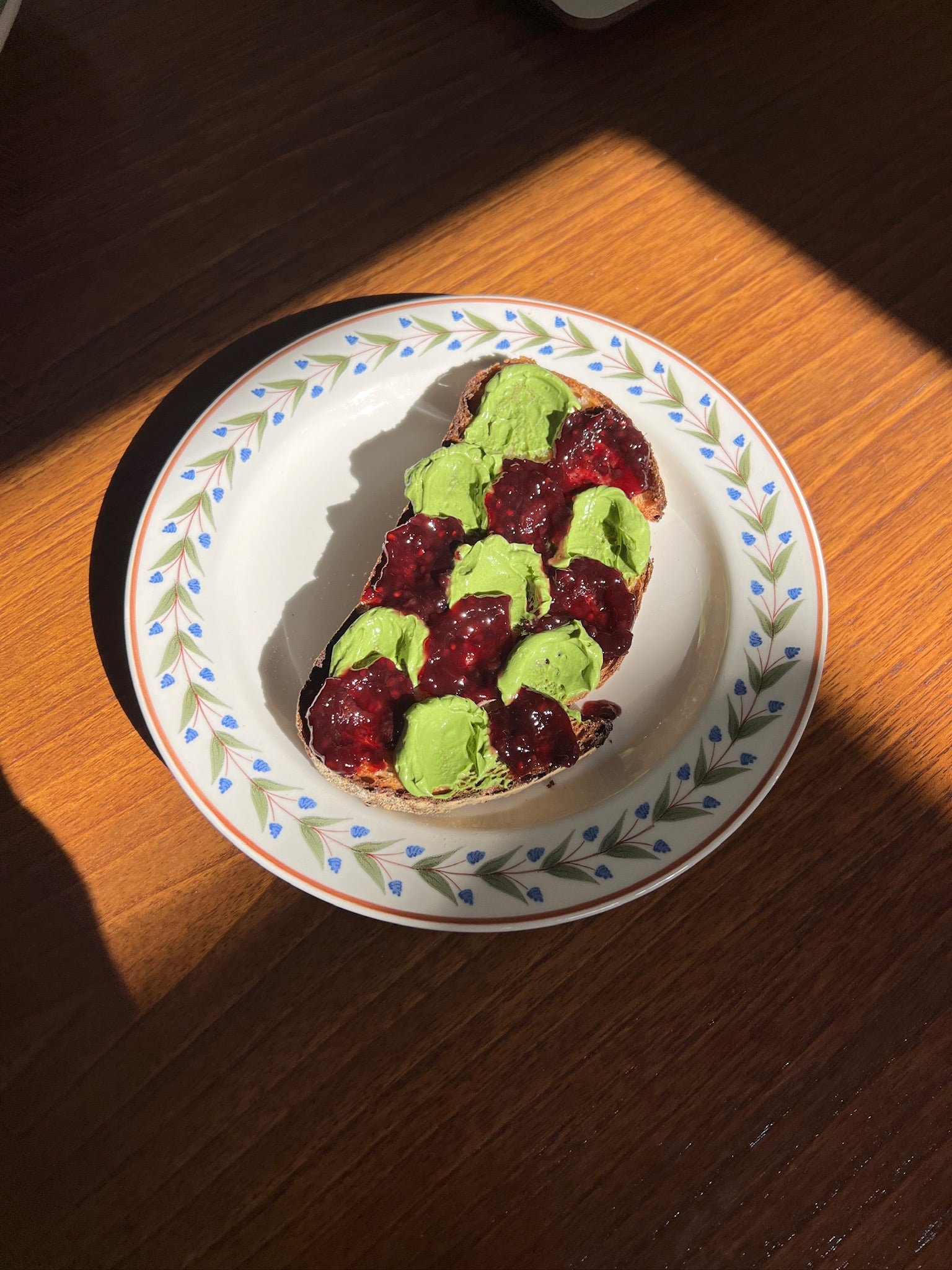 CHECKERED TOAST WITH MATCHA CREAM AND BLACKBERRY JAM