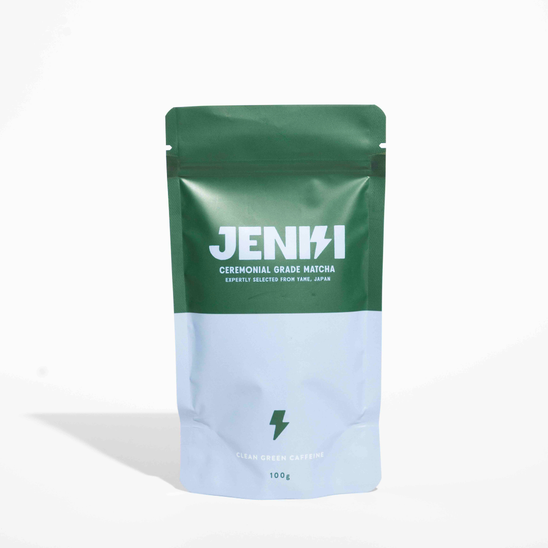 Green package of JENKI ceremonial grade matcha on a white background