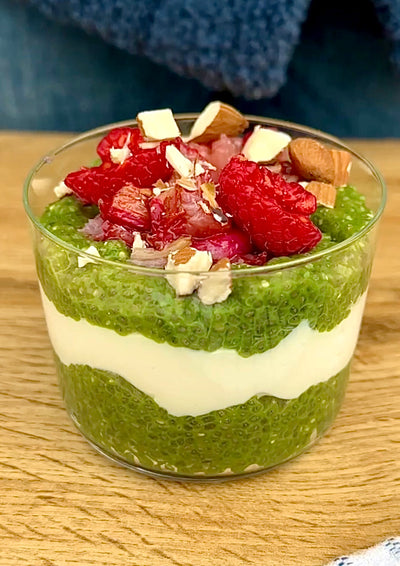 RHUBARB AND MATCHA CHIA PUDDING