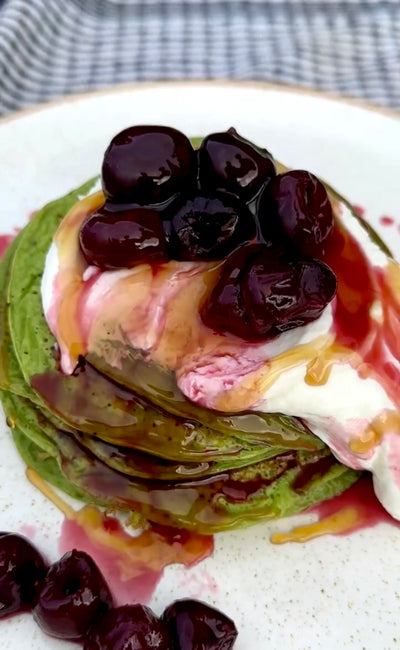 MATCHA PANCAKES WITH CHERRY COMPOTE