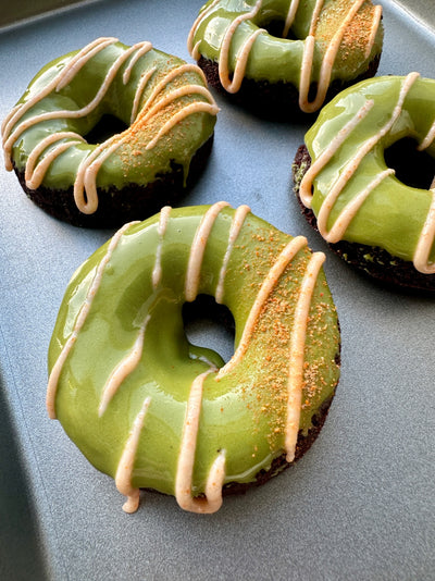 CHOCOLATE ORANGE CAKE MATCHA GLAZE DONUTS