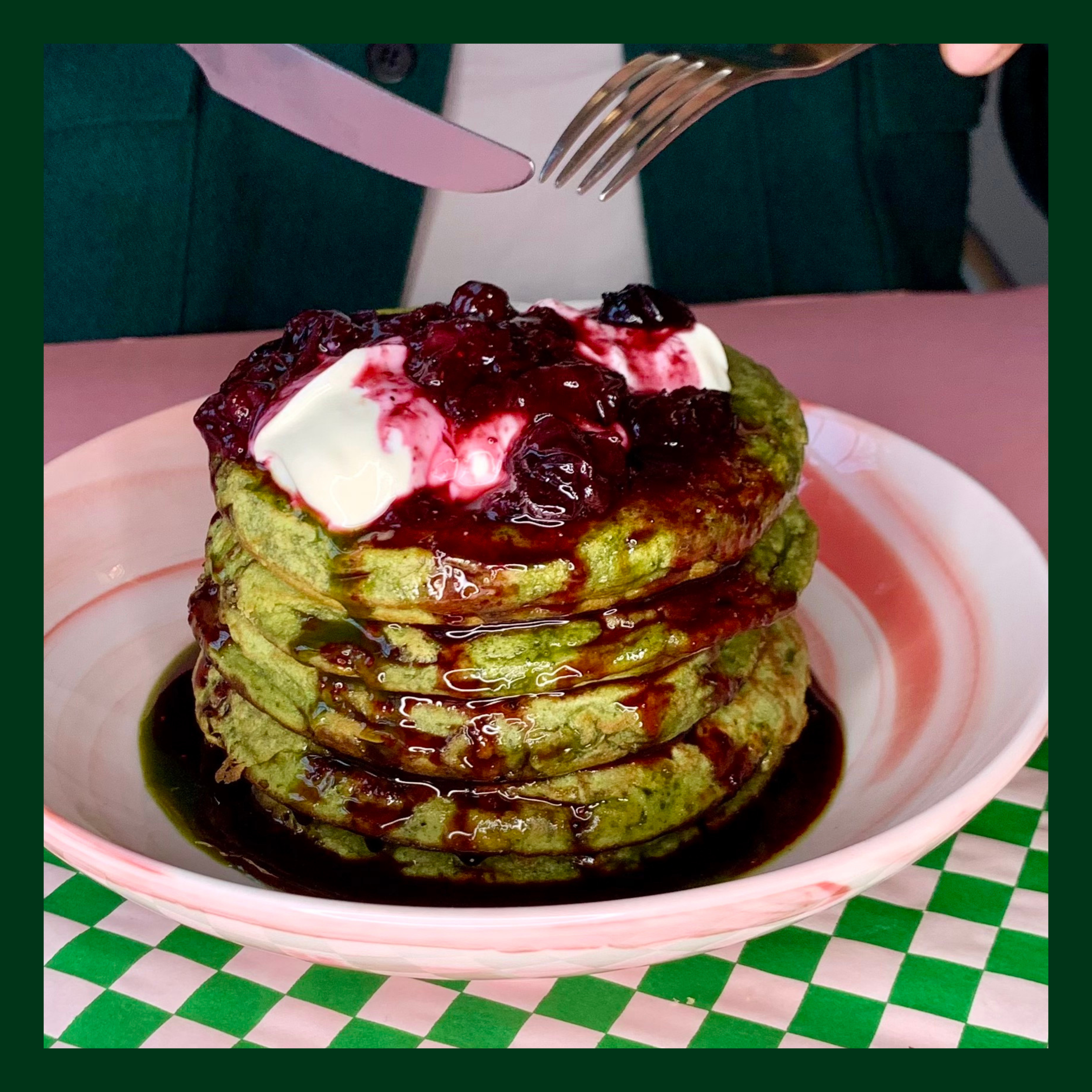 MATCHA BLUEBERRY PANCAKES
