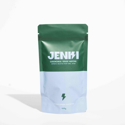 Green package of JENKI ceremonial grade matcha on a white background